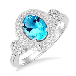 Silver Oval Shape Gemstone & Diamond Ring