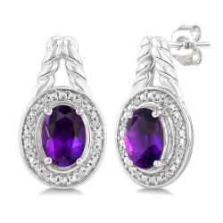 Silver Oval Shape Gemstone & Diamond Earrings