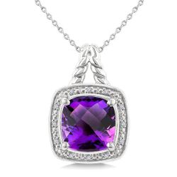 Silver Cushion Shape Gemstone & Diamond Pendant
