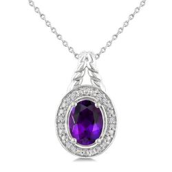 Silver Oval Shape Gemstone & Diamond Pendant