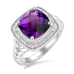 Silver Cushion Shape Gemstone & Diamond Ring