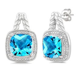 Silver Cushion Shape Gemstone & Diamond Earrings