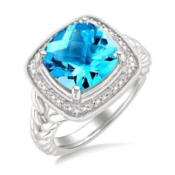 Silver Cushion Shape Gemstone & Diamond Ring