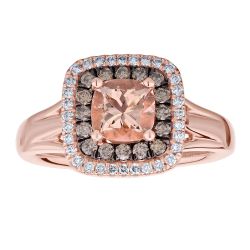 Diamond and Cushion Morganite Double Halo Ring