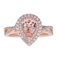 Diamond and Pear Shaped Morganite Double Halo Twisted Shank Ring