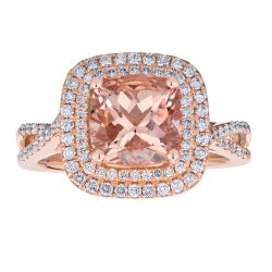 Diamond and Cushion Shaped Morganite Double Halo Twisted Shank Ring