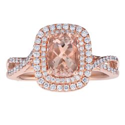 Diamond and Radient Shaped Morganite Double Halo Twisted Shank Ring