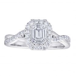 Diamond Emearald Shaped Cluster with Halo and Twisted Shank Engagement Ring