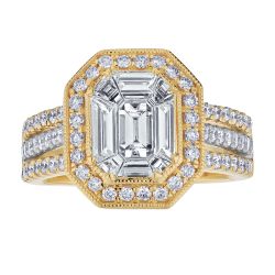 Diamond Emerald Halo Two Tone Milgrain Wide Engagement Rng