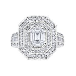 Diamond Emerald Shaped Cluster With Double Halo and Baguette Shank Engagement Ring
