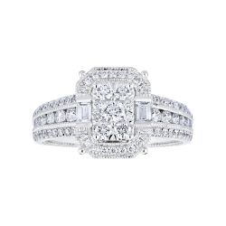 Diamond Emerald Shaped Halo Cluster with Triple Row Shank Engagement Ring