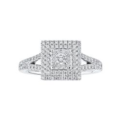 Diamond Princess Shaped Cluster Double Halo Engagement Ring 