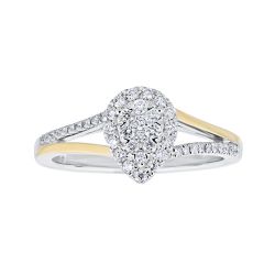 Diamond Pear Shaped Cluster with Halo and Two Tone Shank Engagement Ring