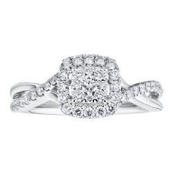 Diamond Cushion Shaped Halo Cluster With Twisted Shank Engagement Ring
