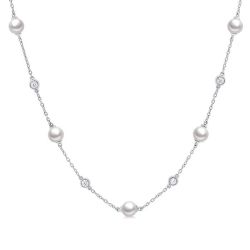 Aqualis Cultured Pearl & Diamond Station Necklace in 14K White Gold