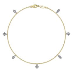 14K Yellow Gold Chain Ankle Bracelet with White Gold Diamond Leaf and Square Charms