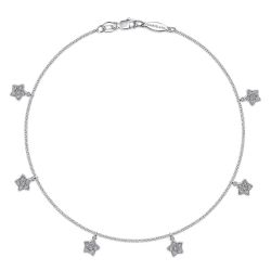 14K White Gold Chain Ankle Bracelet with White Gold Diamond Star Charms