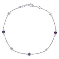 Sterling Silver Chain Ankle Bracelet with Amethyst and White Sapphire