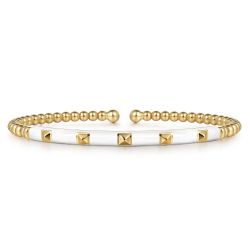 Enamel - 14K Yellow Gold Bujukan Beads and Pyramid Split Bangle with White Enamel
