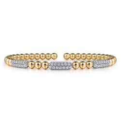 14K White and Yellow Gold Diamond Pave Three Station Bar Bujukan Beads Split Bangle Bracelet