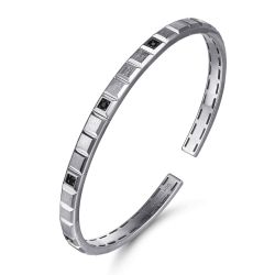 925 Sterling Silver Black Spinel Open Cuff Angular Cuts Square Bangle