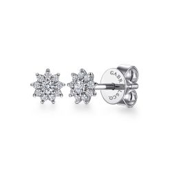 14K White Gold Cluster Diamond Flower Stud Earrings