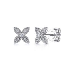 14K White Gold Diamond Flower Stud Earrings