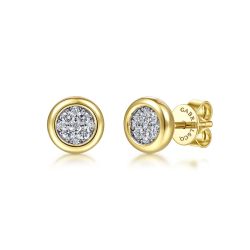 14K Yellow-White Gold Round Bezel Set Diamond Pave Stud Earrings