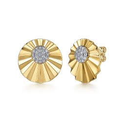 Diamond Cut - 14K White and Yellow Gold Diamond Round Shape Earrings Stud with Diamond Cut Texture