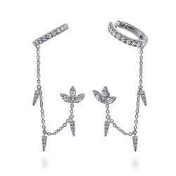 14k White Gold Diamond Lotus Single Stud With Chain Drop And Diamond Ear Cuff