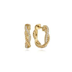 14K Yellow Gold Twisted Diamond And Rope 15mm Huggie Earrings