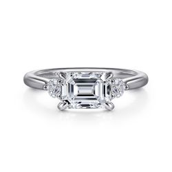 Darline - 14K White Gold Emerald Cut Three Stone Lotus Semi-Mount Ring