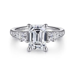 Genna - 14K White Gold Emerald Cut Three Stone Semi-Mount Ring