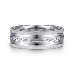 Leo - 14K White Gold 8mm - Carved Men's Wedding Band in Satin Finish