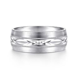 Russell - 14K White Gold 8mm - Engraved Men's Wedding Band in Satin Finish