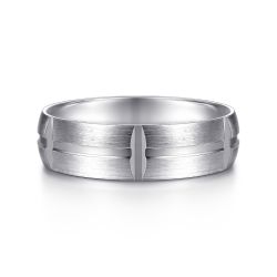 Levi - 14K White Gold 6mm - Carved Station Men's Wedding Band in Satin Finish