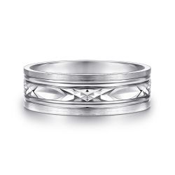 Franco - 14K White Gold 7mm - Diamond Cut Center Men's Wedding Band in Satin Finish