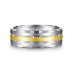 Adam - 14K White-Yellow Gold 7mm - Three Row Satin Finish Men's Wedding Band in Two Tone