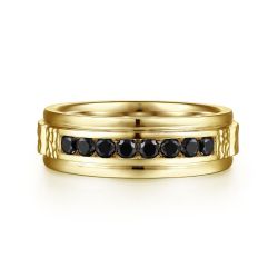 Enzo - 14K Yellow Gold Black Diamond Men's Wedding Ring in Sand Blast Finish