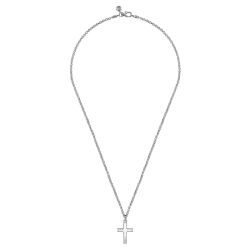 22 Inch 925 Sterling Silver Beveled Trim Cross Pendant Necklace