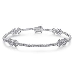 14K White Gold Diamond Tennis Bracelet with Geometric Stations