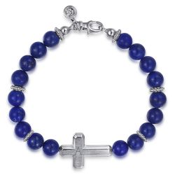 Sterling Silver and 8mm Lapis Beaded Bracelet with Cross