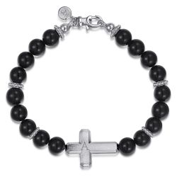 Sterling Silver and 8mm Onyx Beaded Bracelet with Cross