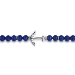 Sterling Silver and 8mm Lapis Beaded Bracelet with Anchor