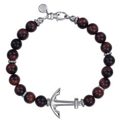 Sterling Silver and 8mm Tiger Eye Beaded Bracelet with Anchor