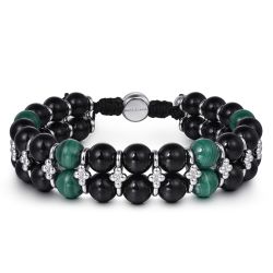 Sterling Silver 8mm Onyx and Malachite Beaded Bracelet