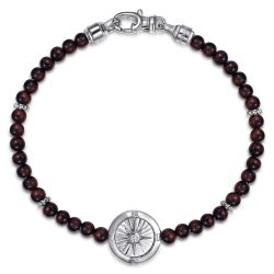 925 Sterling Silver Compass with 4mm Tiger Eye Beads and White Sapphire