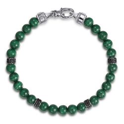 925 Sterling Silver 6mm Black Spinel and Malachite Beaded Bracelet