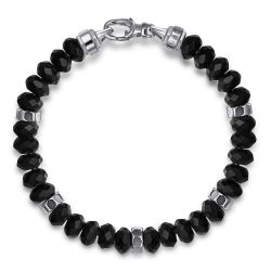925 Sterling Silver 8mm Matte Faceted Flat Round Onyx Beaded Bracelet