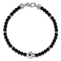 925 Sterling Silver 4mm Matte Onyx and Black Spinel Beaded Bracelet with Hamsa